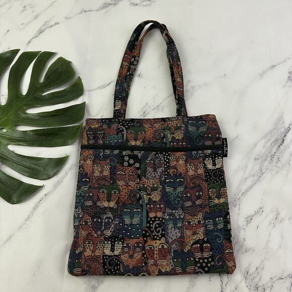 Laurel Burch Vintage Tapestry Tote Bag Cats Kitten Blue Green Shoulder Book - Picture 1 of 11